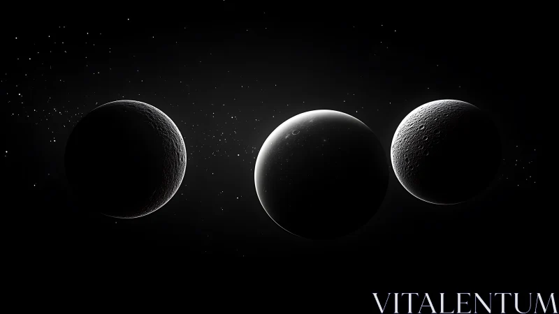 Three shadowed moons aligned in deep black space.