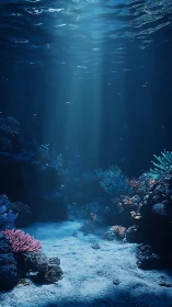 Sunlit coral ravine beneath tranquil sapphire waves.