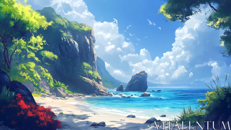 Tropical Paradise Cove with Towering Cliffs and Azure Waters