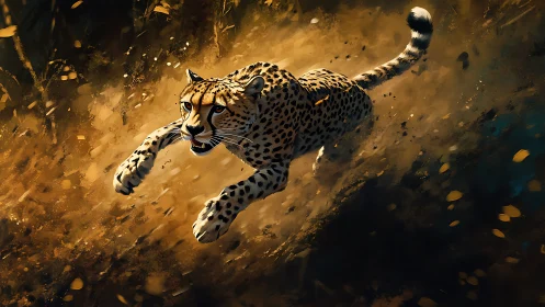 High-speed cheetah sprint rendered with dynamic motion blur and dust