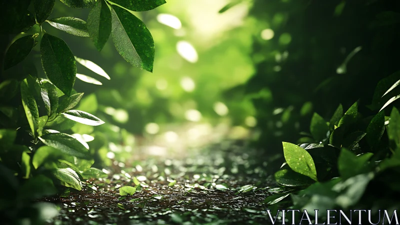 Sunlit garden path glows through lush green foliage.