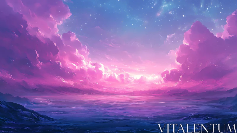 Digital painting of celestial magenta seascape horizon space.