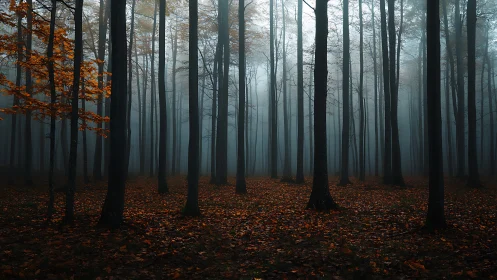 Coniferous Forest with Autumn Leaf Coverage and Atmospheric Fog.