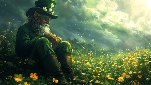 Sunlit leprechaun drifts into dreams in a wildflower meadow