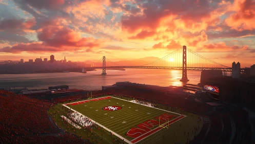 Sunset football stadium by bay bridge and city skyline.