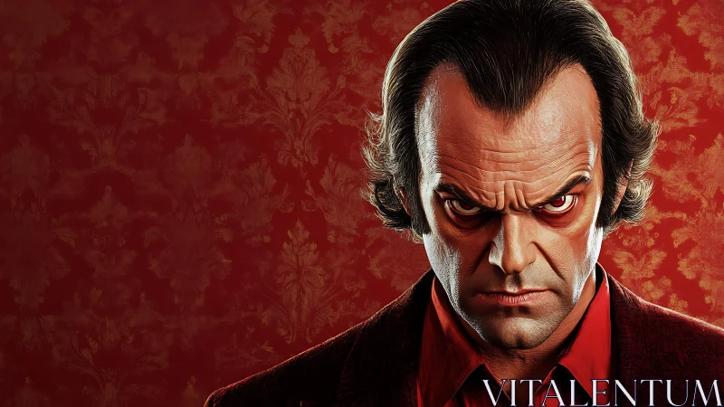 Intense stare against bold red wallpaper backdrop.