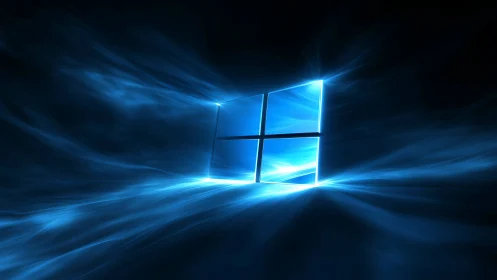 Glowing blue window logo in abstract digital light field.