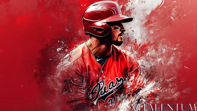 Crimson slugger blazing from a storm of painted dust.