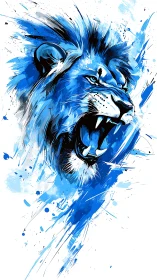 Blue roaring lion illustration with dynamic paint strokes.