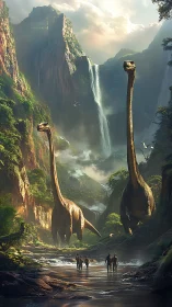 Cinematic fantasy canyon with towering sauropods and explorers.