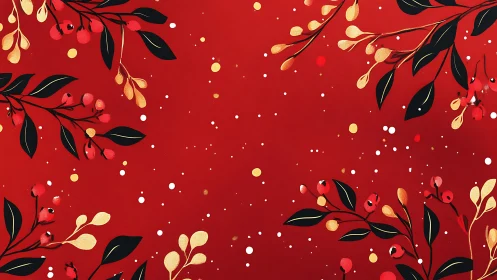 Stylized red botanical pattern with gold berries and high contrast leaves