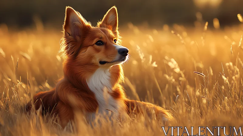 Golden hour portrait of red-coated dog in tall meadow grass