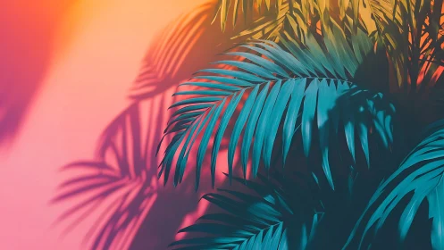 Chromatic palm fronds under gradient sunset backlighting.