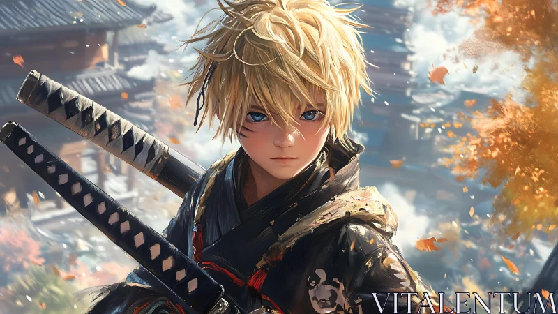 Blond young swordsman amid autumn leaves in samurai town.
