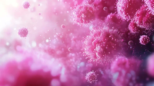 Microcosmic pink nebula blooms as viral spheres drift