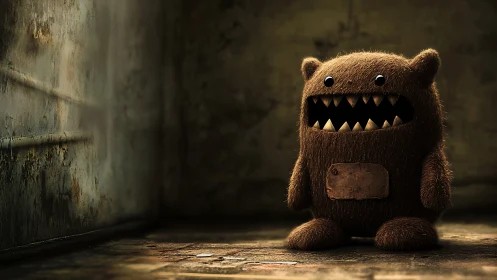 Shaggy toy monster grins in a dim, weathered alleyway.