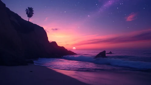 Dreamlike pink sunset over rocky starlit ocean horizon.