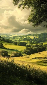 Sunlit rolling countryside beneath towering summer clouds.