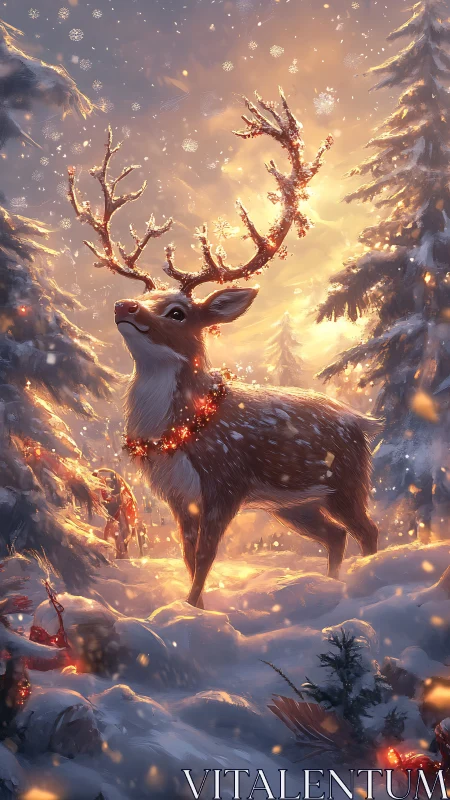 Gentle Christmas reindeer glowing in a magical winter forest.