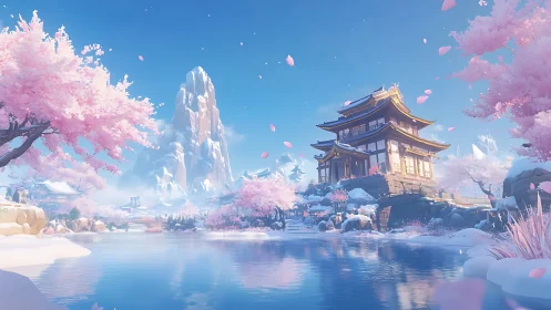 Serene cherry blossom temple beside reflective blue river.