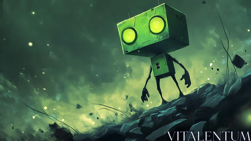 Green box-headed robot wandering a glowing alien wasteland.