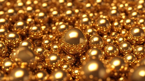 Golden metallic spheres forming dense reflective surface.