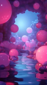 Luminous pink spheres above reflective stream in cavern