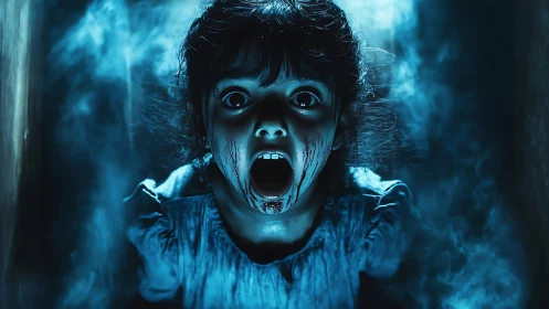 Photorealistic low-key horror portrait of possessed child.