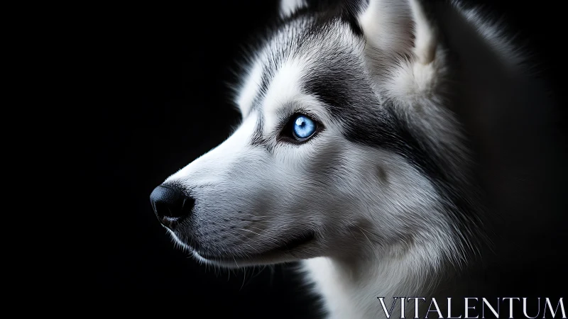 Side profile portrait of Siberian husky on black background.