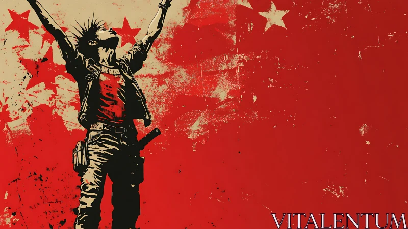 Grunge vector silhouette of jubilant punk youth over red stars