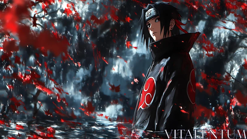 Brooding ninja in scarlet leaves and rain-soaked twilight.