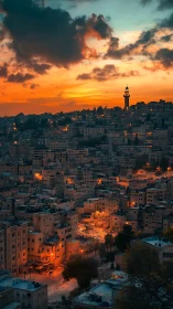Hilltop Middle Eastern city under vivid sunset sky.