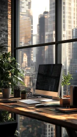 Desktop computer stands before high-rise windowed skyline view