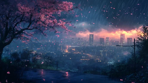 Digital anime cityscape under rain with sakura foreground framing.