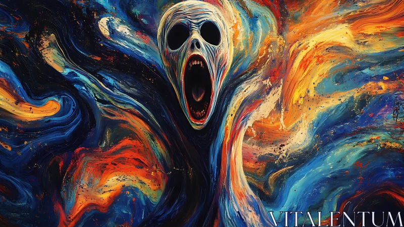 Abstract screaming skull amid swirling vivid colors.