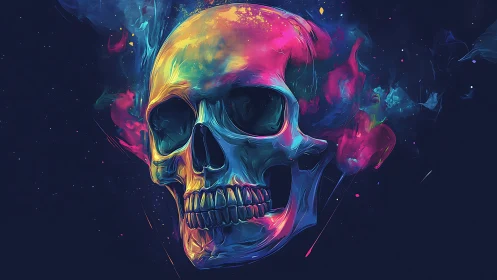 Neon skull glows against deep cosmic void with vapor trails