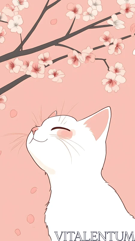 White cat gazing upward at cherry blossom branches