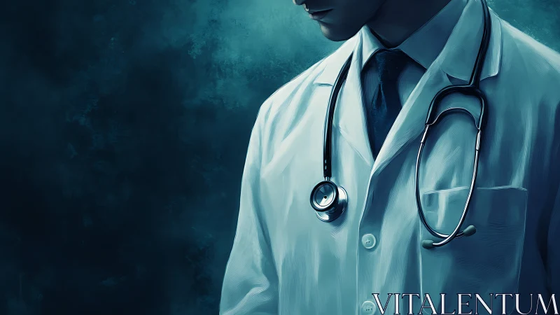 Doctor torso in white coat with stethoscope against teal background