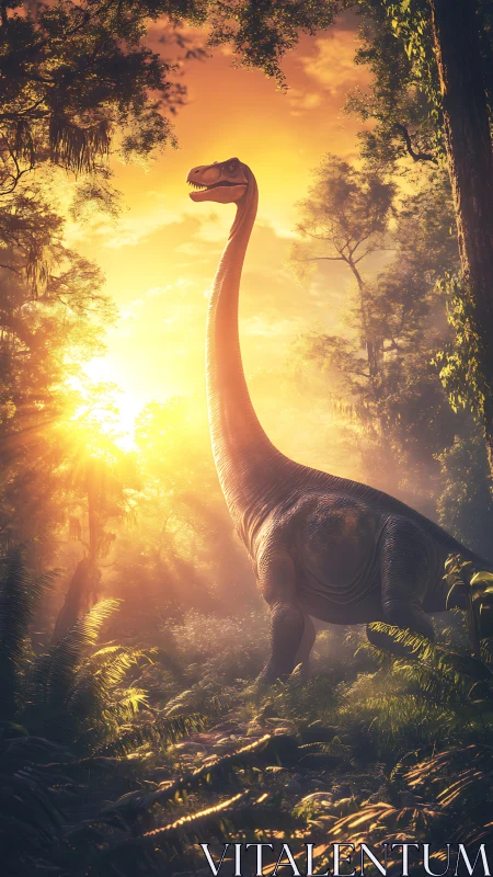 Sauropod dinosaur in volumetric sunset light within dense jungle