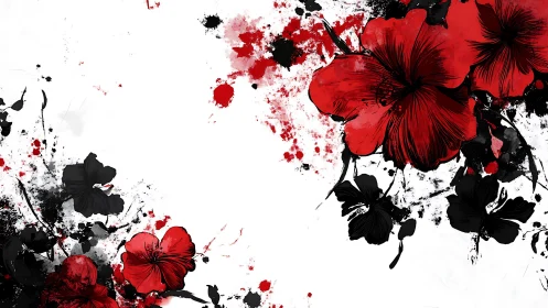 Red and Black Floral Composition with Expressive Ink Splatters.
