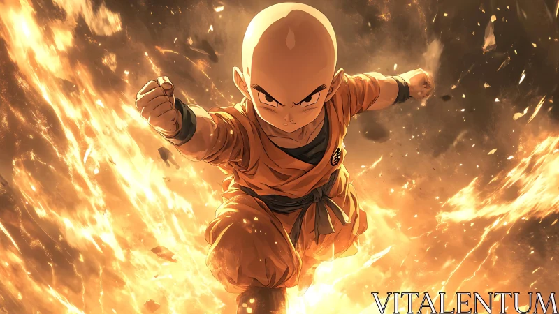 Fiery anime warrior charging through erupting energy field.