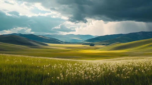 Sunlit green valley under stormy clouds with distant hills.