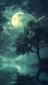 Luminous full moon bathes a tranquil lakeside tree in magic