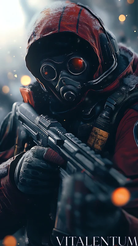 Red-hooded winter sentinel watches the frozen city burn bright