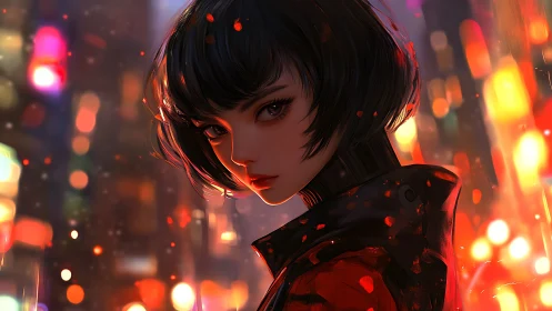 Neon-lit cyberpunk portrait with dynamic bokeh field.