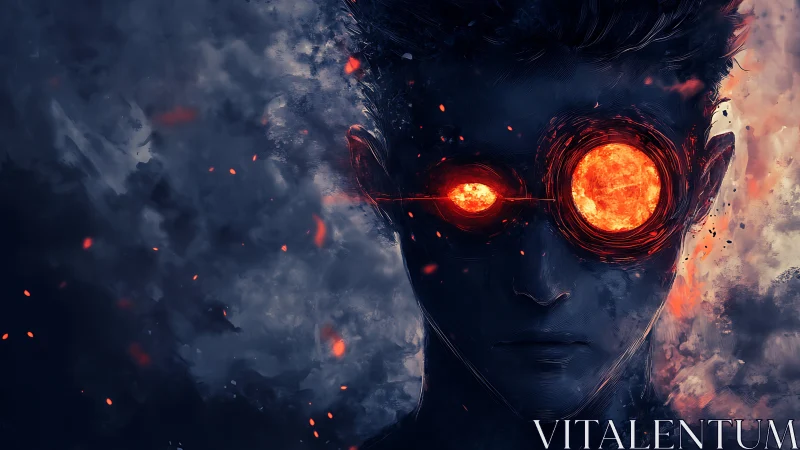 Figure with molten orange eyes stares forward through smoke