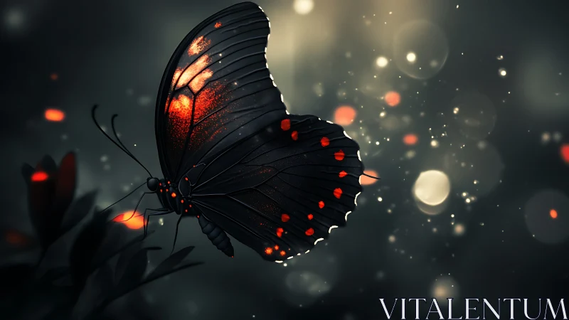 Emberwing butterfly drifts through dusk-lit particle sparks.