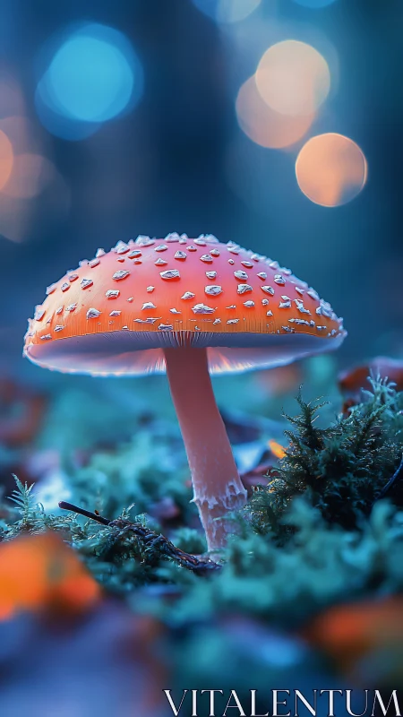 Luminous fly agaric mushroom amid dreamy forest bokeh.