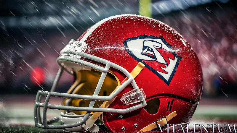 Rain-soaked red football helmet waiting on the sideline.
