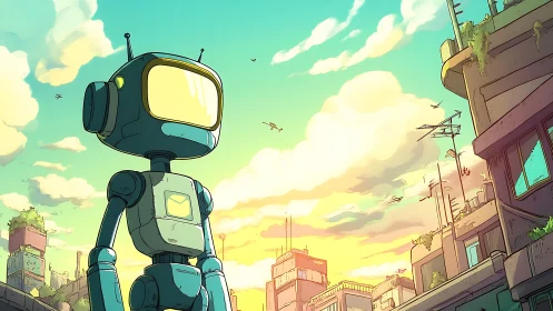 Cartoon robot overlooks sunlit eco-urban rooftop skyline.